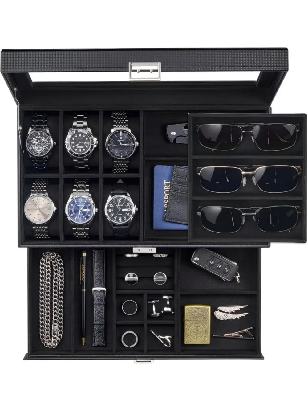 Stylish Men's Jewelry Organizer - 6 Slot Watch Box & 3 Slot Sunglass Holder